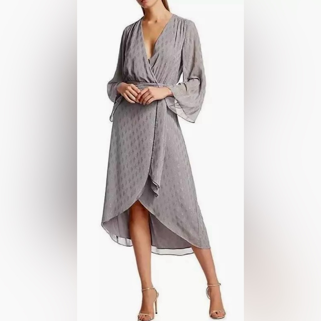 Nwt Ramy Brook Kimono Sleeve Julie Faux Wrap Midi Dress Diamond Nickle Zb1